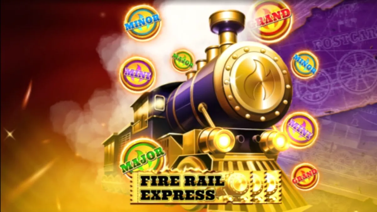 Tampilan mesin slot Fire Rail Express dengan tema steampunk dan simbol kereta api