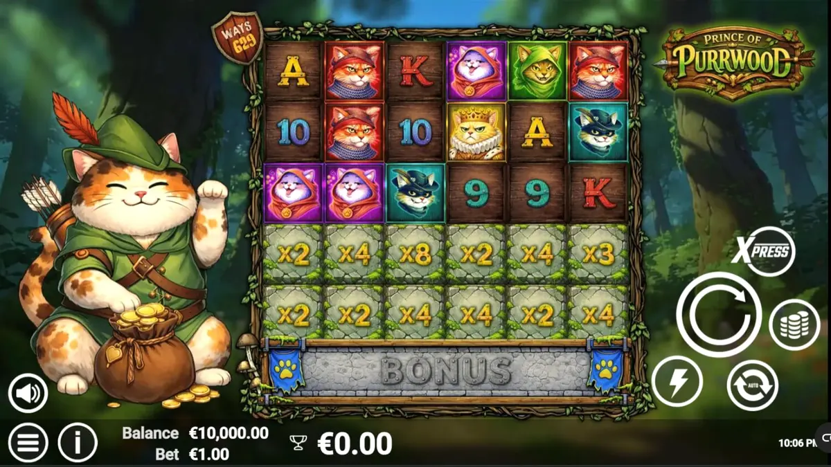 Pemandangan hutan ajaib dalam slot Prince of Purrwood dengan karakter kucing bertema Robin Hood.